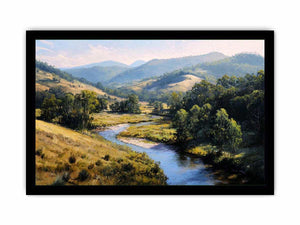 Sunlit river valley landscape canvas art for calm modern rustic living room decor.