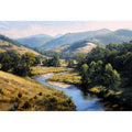 Sunlit river valley landscape canvas art for calm modern rustic living room decor.