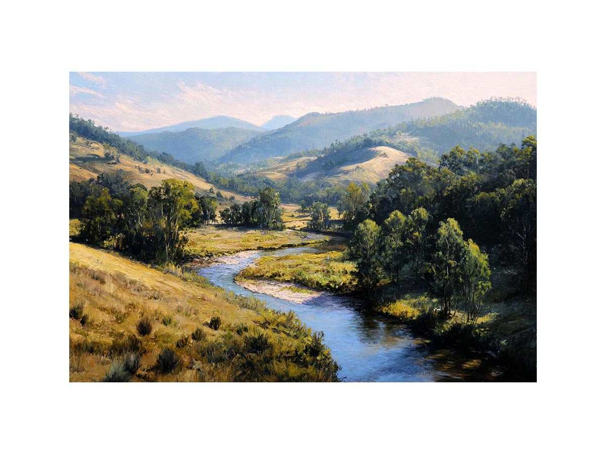 Sunlit river valley landscape canvas art for calm modern rustic living room decor.