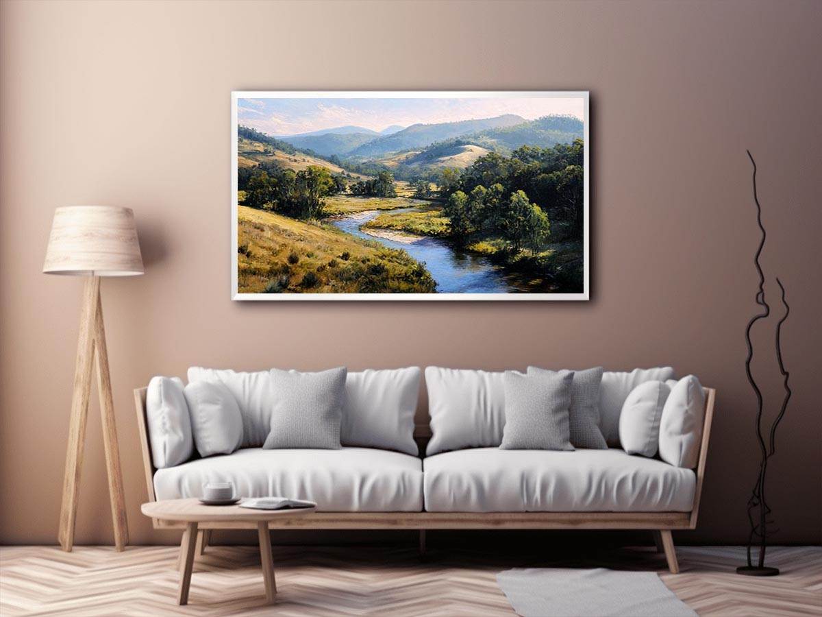 Sunlit river valley landscape canvas art for calm modern rustic living room decor.