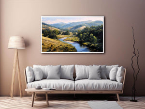 Sunlit river valley landscape canvas art for calm modern rustic living room decor.