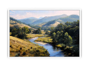 Sunlit river valley landscape canvas art for calm modern rustic living room decor.