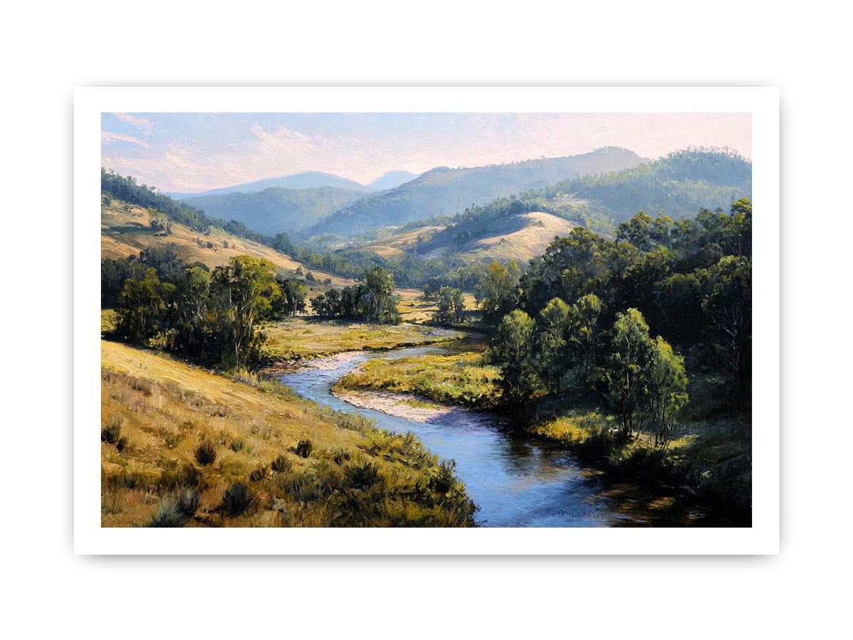 Sunlit river valley landscape canvas art for calm modern rustic living room decor.