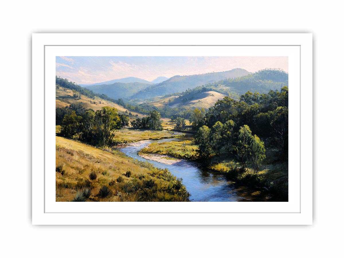 Sunlit river valley landscape canvas art for calm modern rustic living room decor.