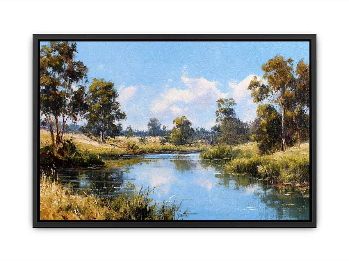 Peaceful eucalypt river landscape canvas art for fresh living room decor.