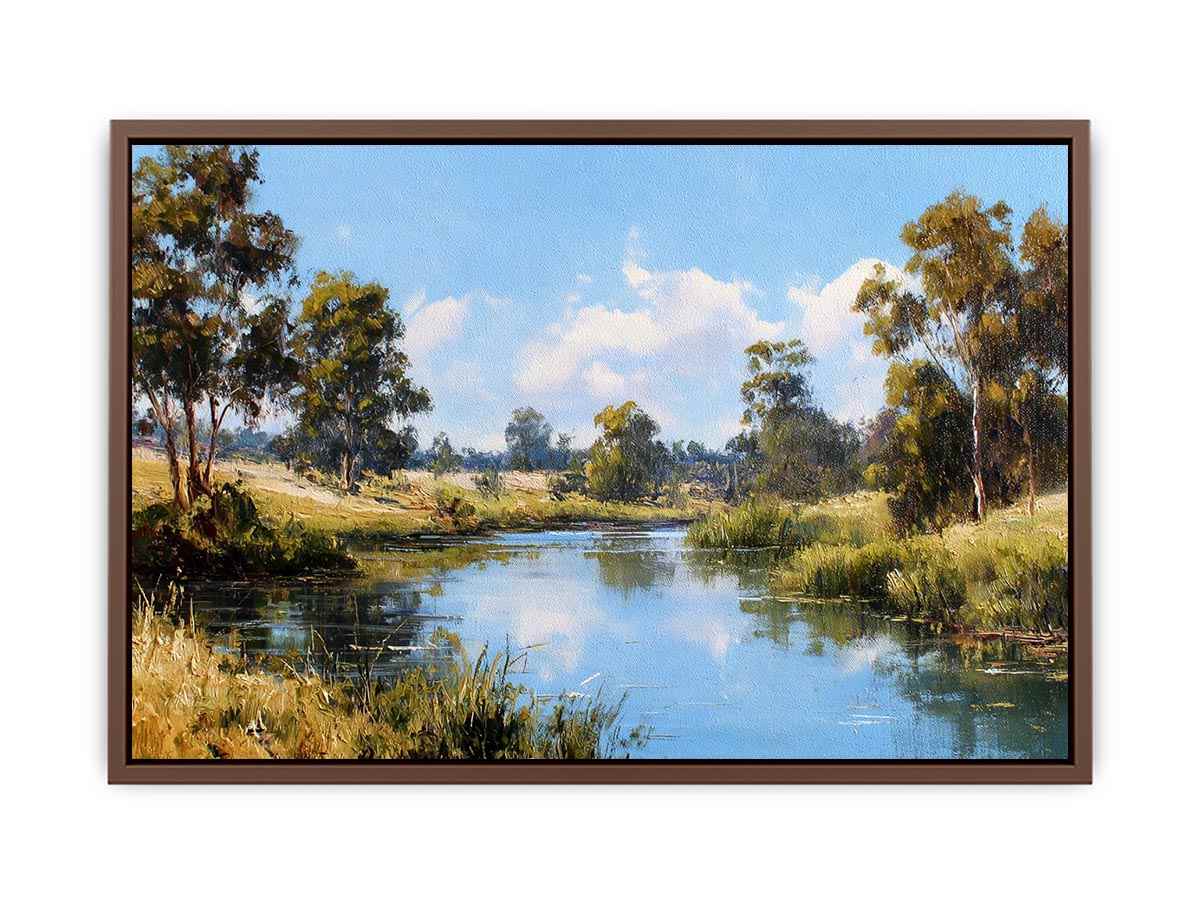 Peaceful eucalypt river landscape canvas art for fresh living room decor.