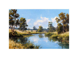 Peaceful eucalypt river landscape canvas art for fresh living room decor.