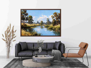 Peaceful eucalypt river landscape canvas art for fresh living room decor.