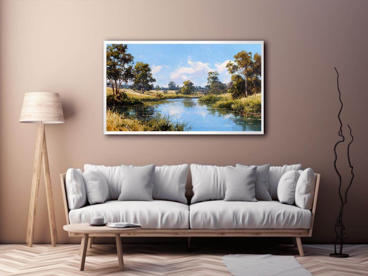 Peaceful eucalypt river landscape canvas art for fresh living room decor.