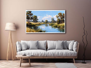 Peaceful eucalypt river landscape canvas art for fresh living room decor.