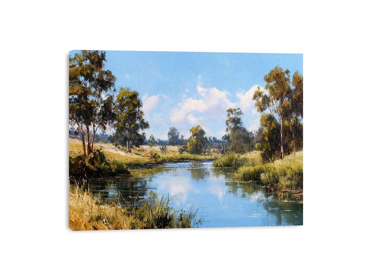 Peaceful eucalypt river landscape canvas art for fresh living room decor.