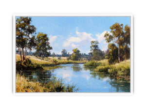 Peaceful eucalypt river landscape canvas art for fresh living room decor.