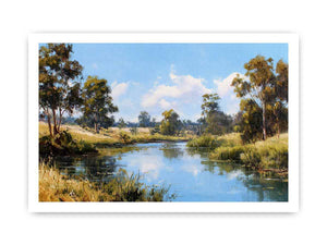 Peaceful eucalypt river landscape canvas art for fresh living room decor.