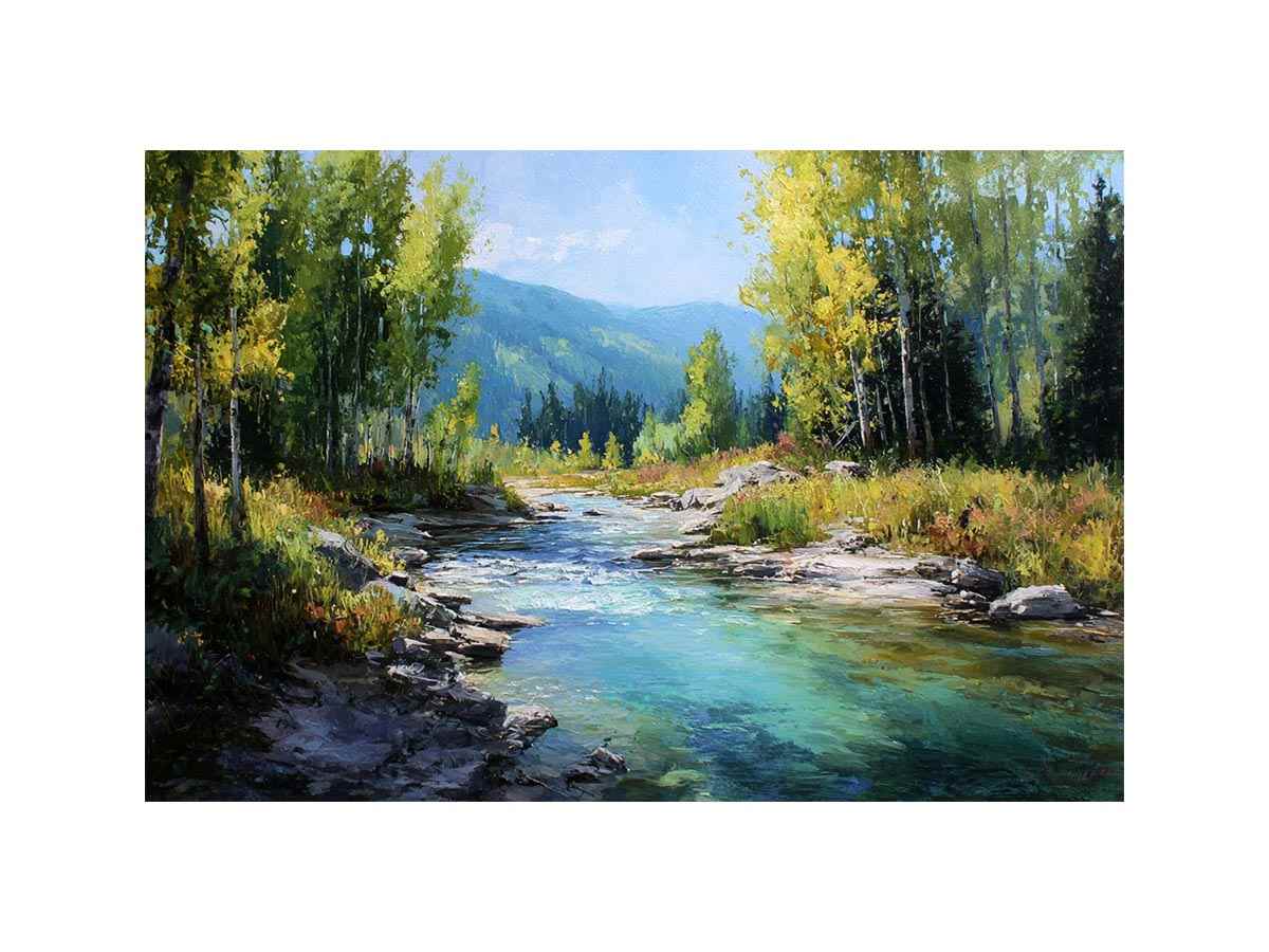 Clear forest stream landscape canvas art with green water for modern office decor.
