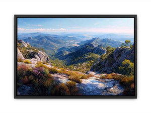 Expansive mountain valley landscape canvas art for wide modern living room wall.
