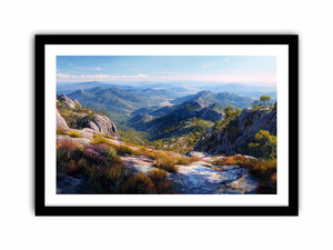 Expansive mountain valley landscape canvas art for wide modern living room wall.