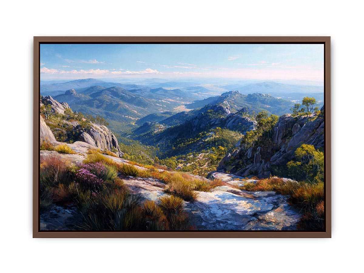 Expansive mountain valley landscape canvas art for wide modern living room wall.