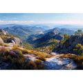 Expansive mountain valley landscape canvas art for wide modern living room wall.