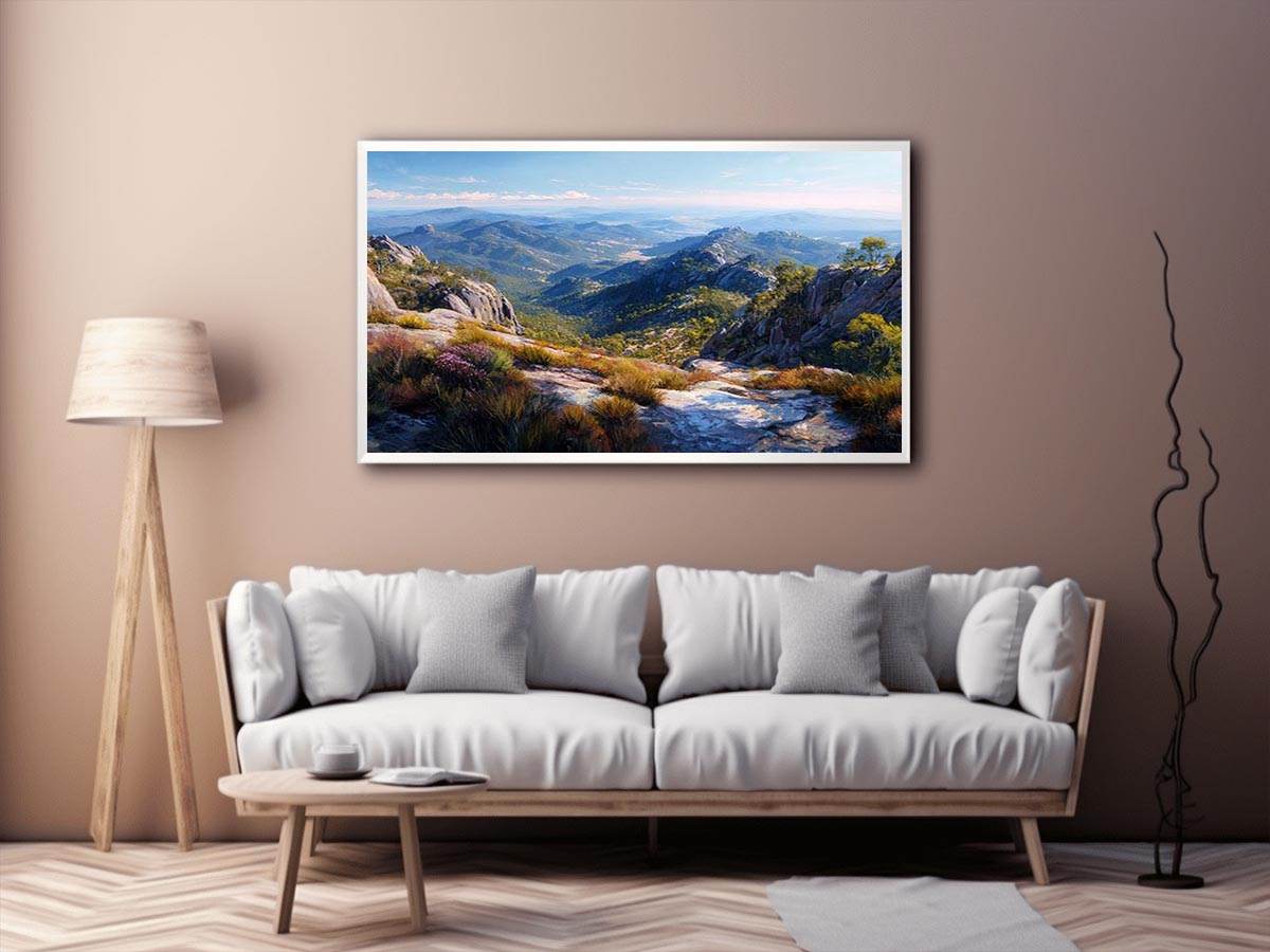 Expansive mountain valley landscape canvas art for wide modern living room wall.