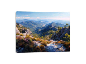 Expansive mountain valley landscape canvas art for wide modern living room wall.