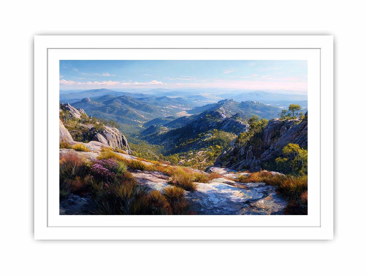 Expansive mountain valley landscape canvas art for wide modern living room wall.