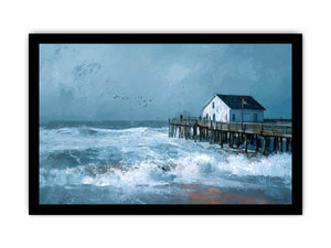 Moody coastal pier seascape canvas art with blue-gray waves for modern beach house decor.