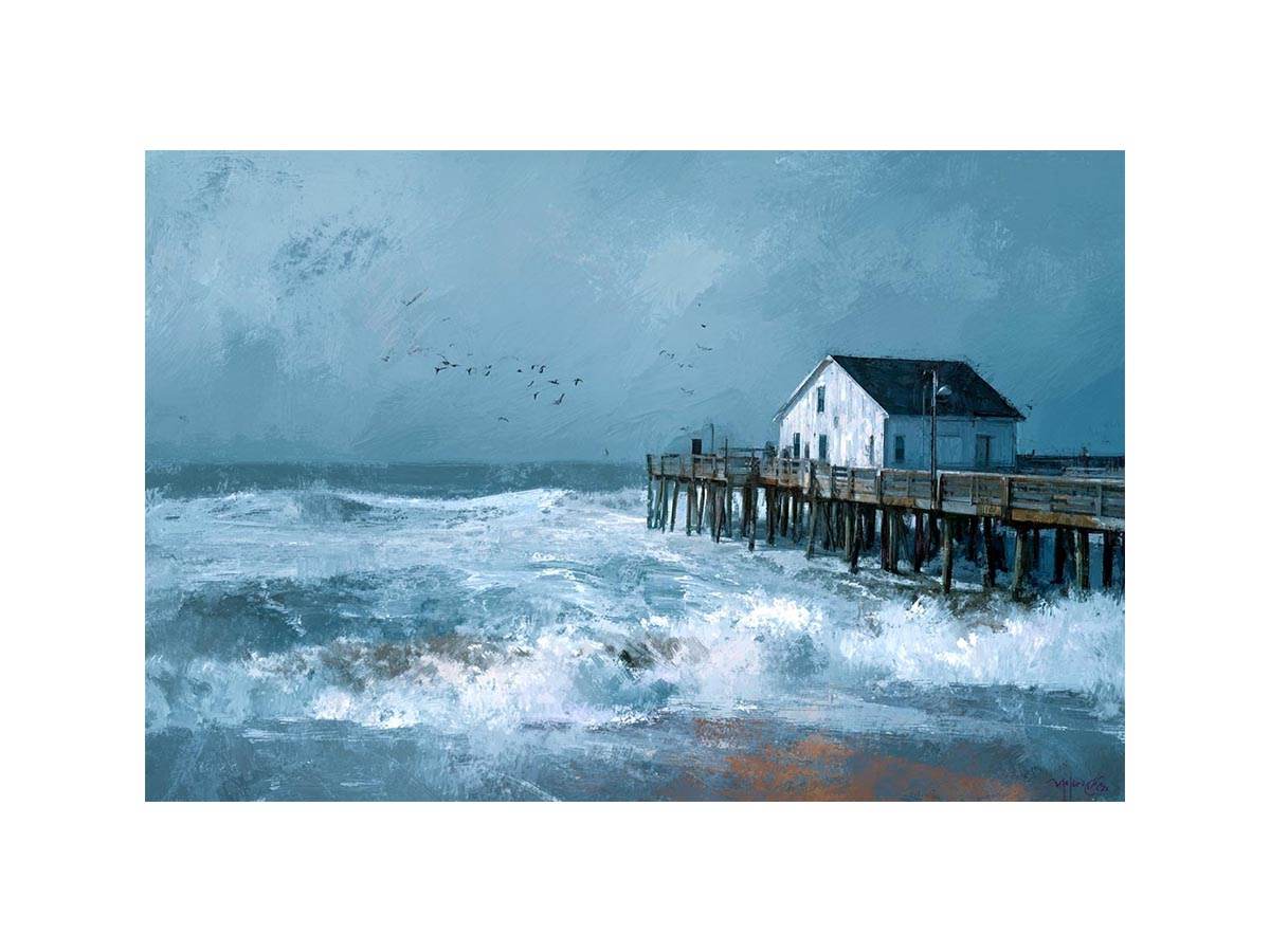 Moody coastal pier seascape canvas art with blue-gray waves for modern beach house decor.