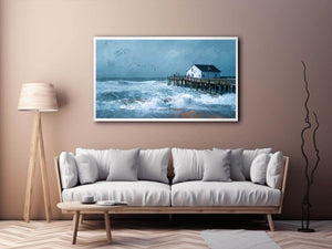 Moody coastal pier seascape canvas art with blue-gray waves for modern beach house decor.