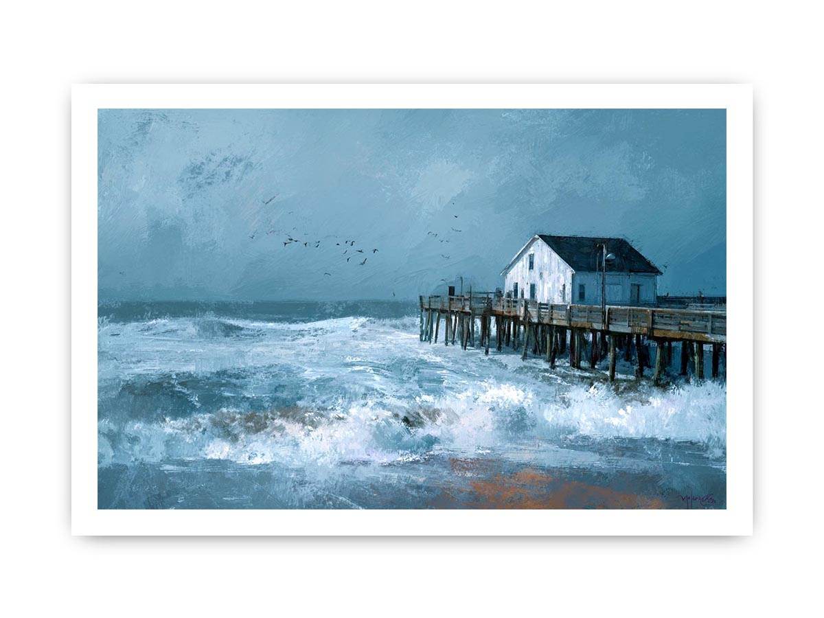 Moody coastal pier seascape canvas art with blue-gray waves for modern beach house decor.