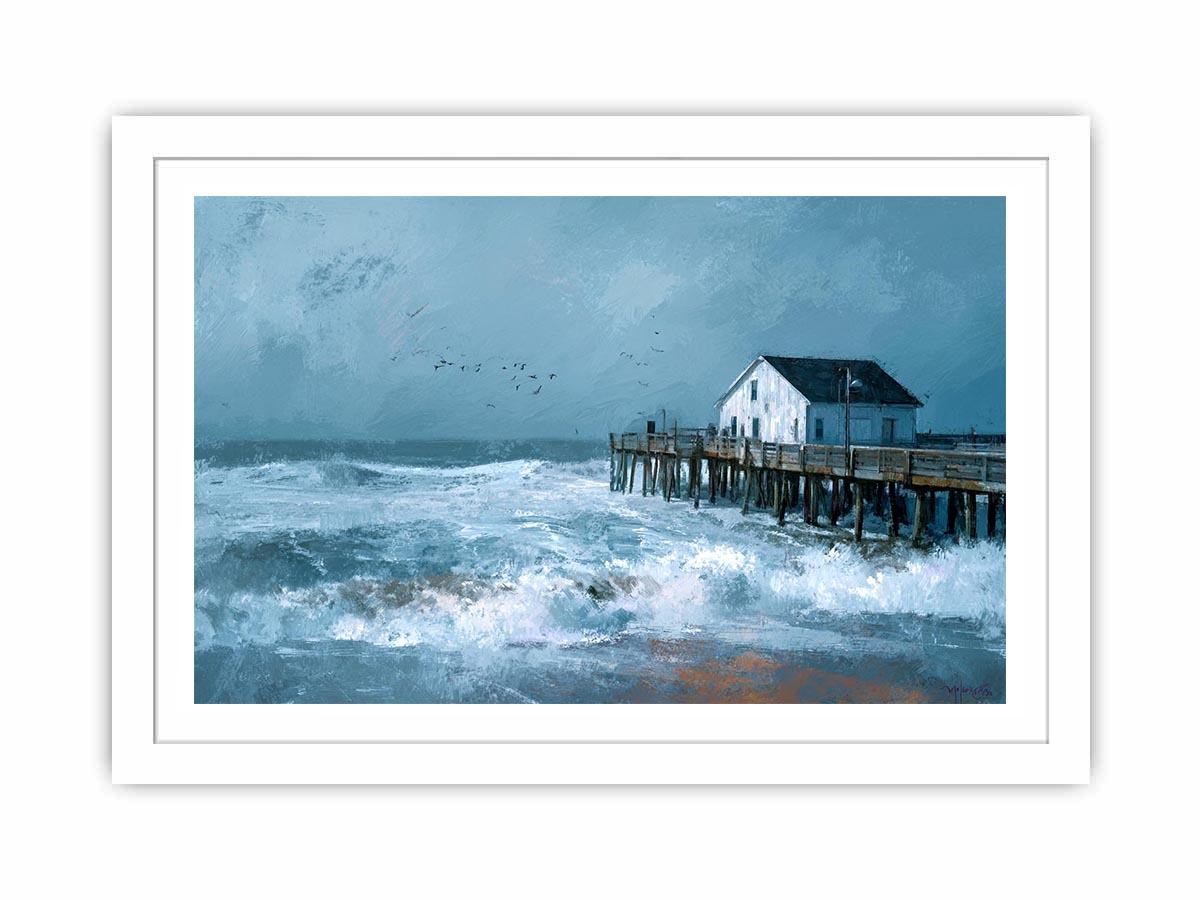 Moody coastal pier seascape canvas art with blue-gray waves for modern beach house decor.