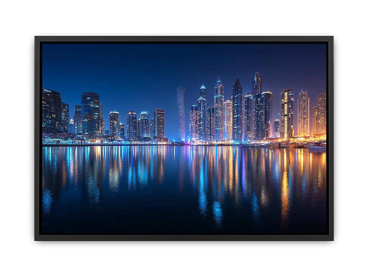 Luxury night city skyline canvas art with marina reflections for modern living room decor.