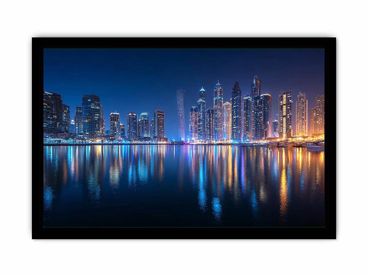 Luxury night city skyline canvas art with marina reflections for modern living room decor.