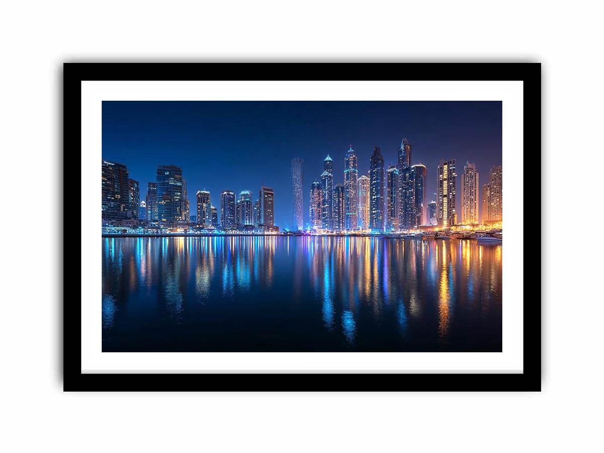 Luxury night city skyline canvas art with marina reflections for modern living room decor.