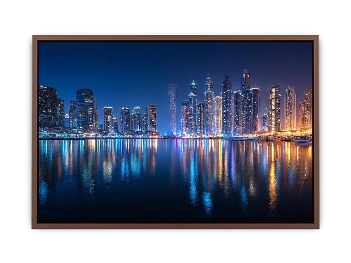 Luxury night city skyline canvas art with marina reflections for modern living room decor.