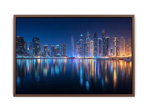 Luxury night city skyline canvas art with marina reflections for modern living room decor.