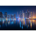 Luxury night city skyline canvas art with marina reflections for modern living room decor.