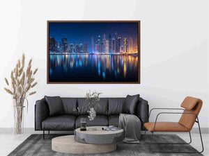 Luxury night city skyline canvas art with marina reflections for modern living room decor.