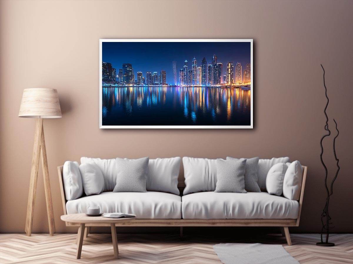 Luxury night city skyline canvas art with marina reflections for modern living room decor.