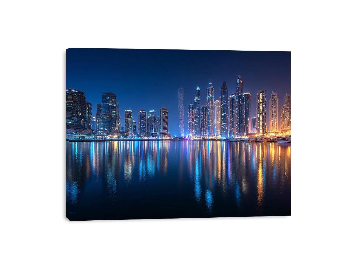Luxury night city skyline canvas art with marina reflections for modern living room decor.
