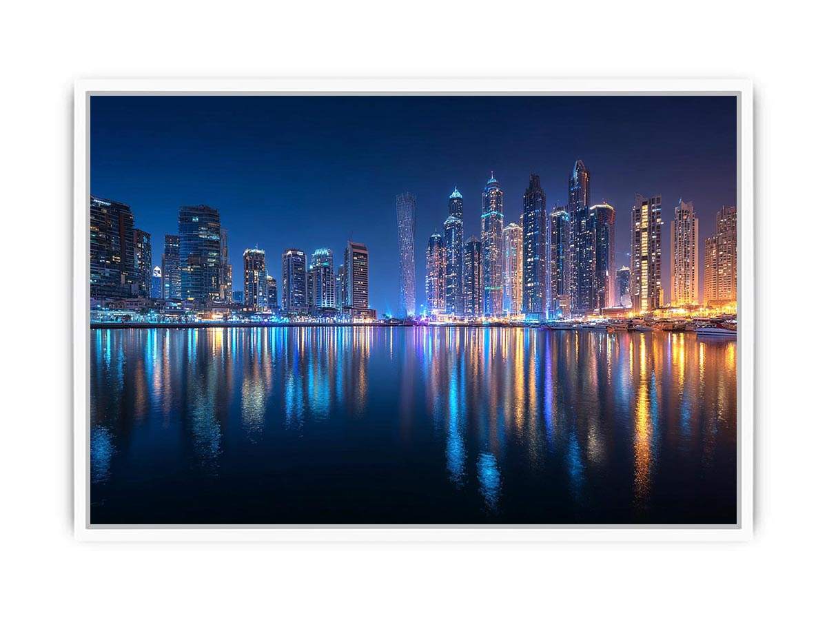 Luxury night city skyline canvas art with marina reflections for modern living room decor.