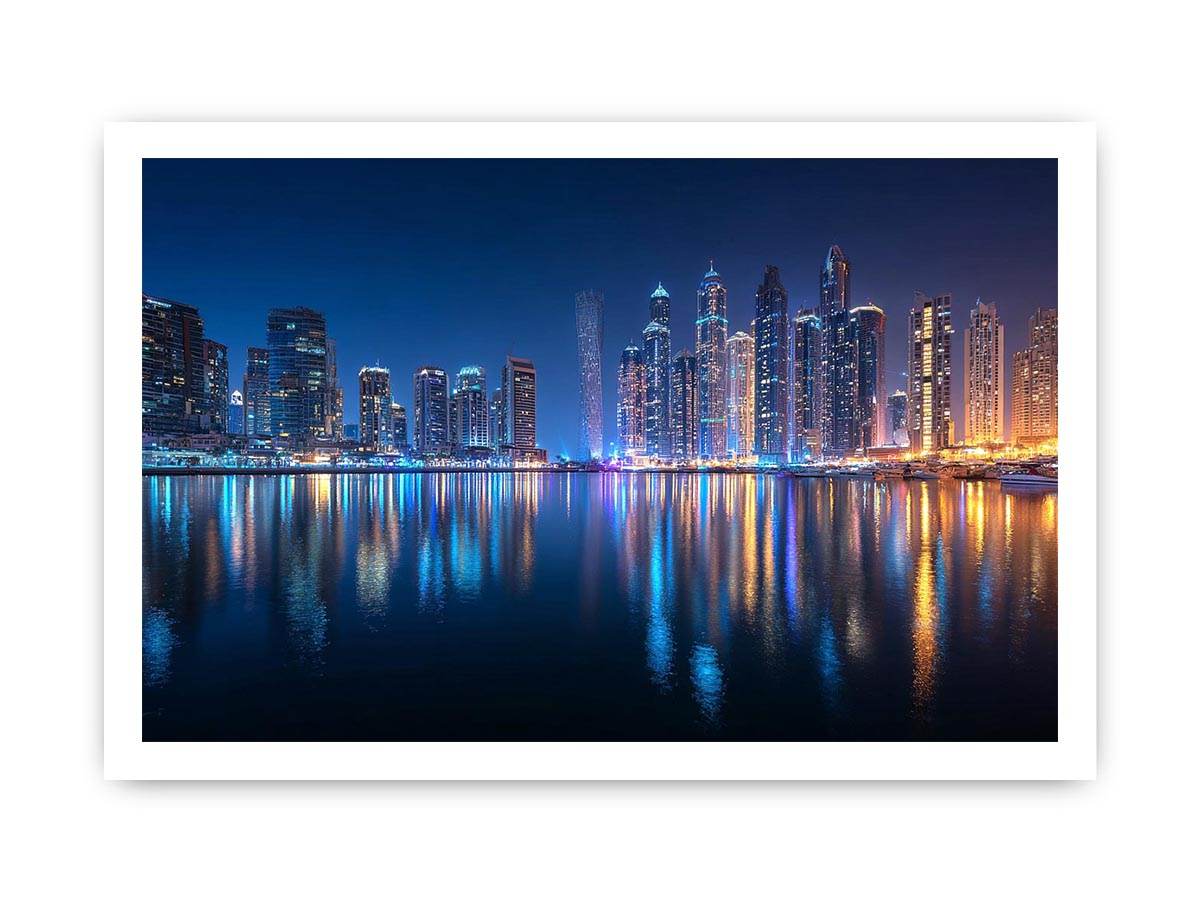 Luxury night city skyline canvas art with marina reflections for modern living room decor.