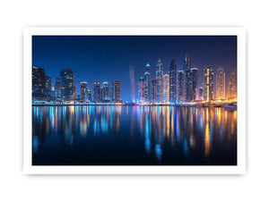 Luxury night city skyline canvas art with marina reflections for modern living room decor.