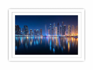 Luxury night city skyline canvas art with marina reflections for modern living room decor.