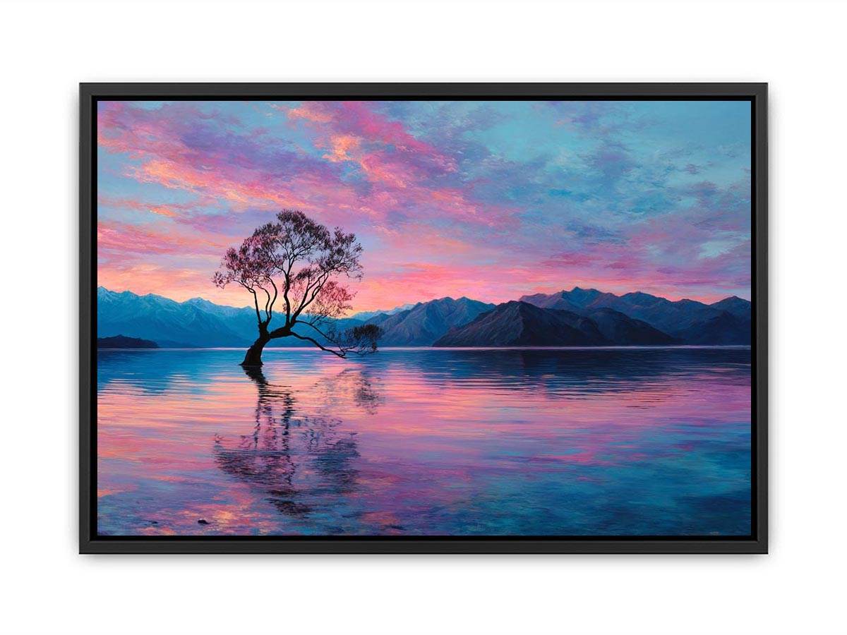 Serene lake tree canvas art with pink sky and mountain reflections for calming bedroom decor.