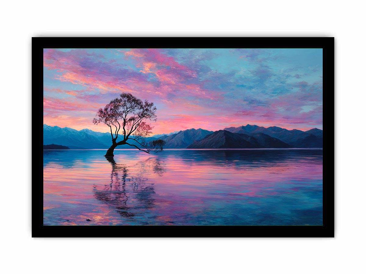 Serene lake tree canvas art with pink sky and mountain reflections for calming bedroom decor.