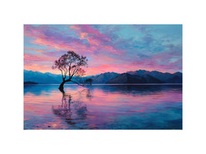 Serene lake tree canvas art with pink sky and mountain reflections for calming bedroom decor.