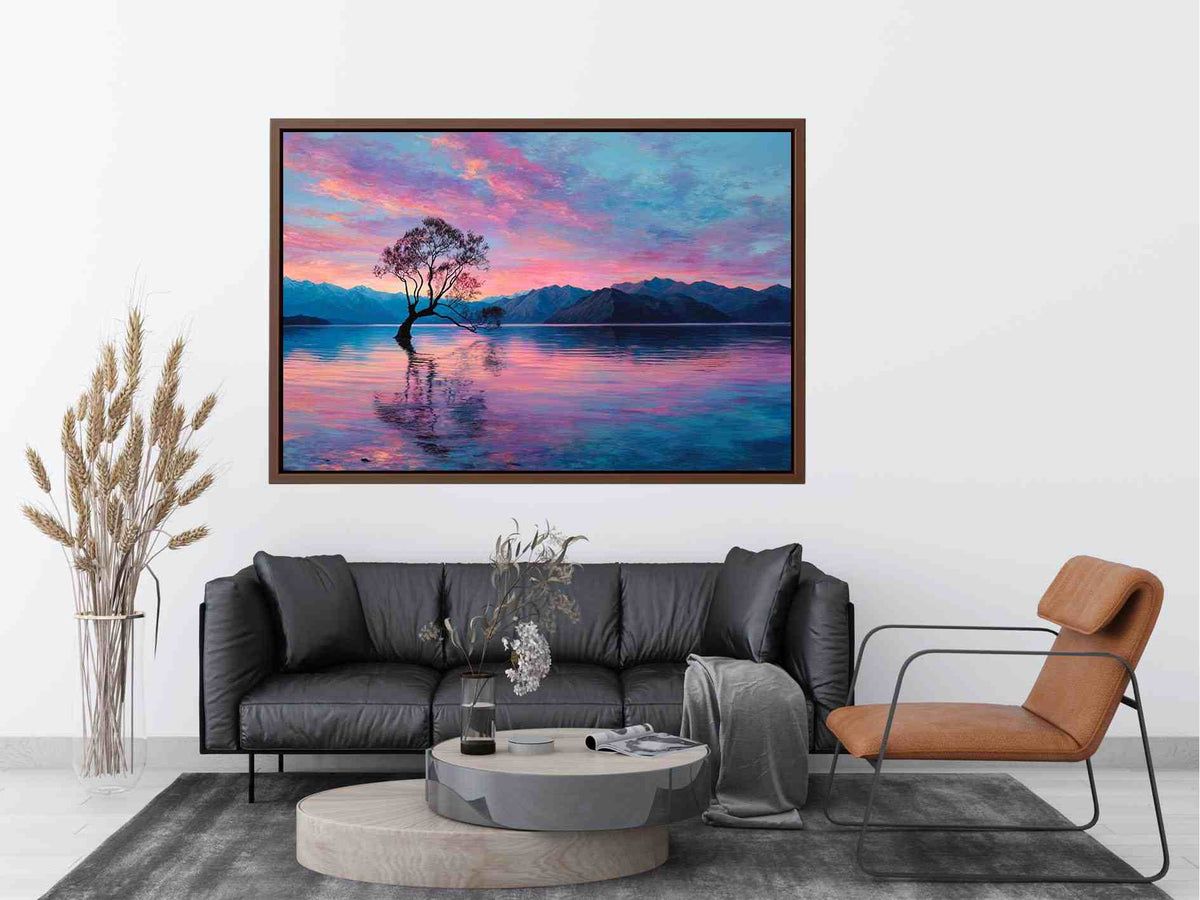 Serene lake tree canvas art with pink sky and mountain reflections for calming bedroom decor.