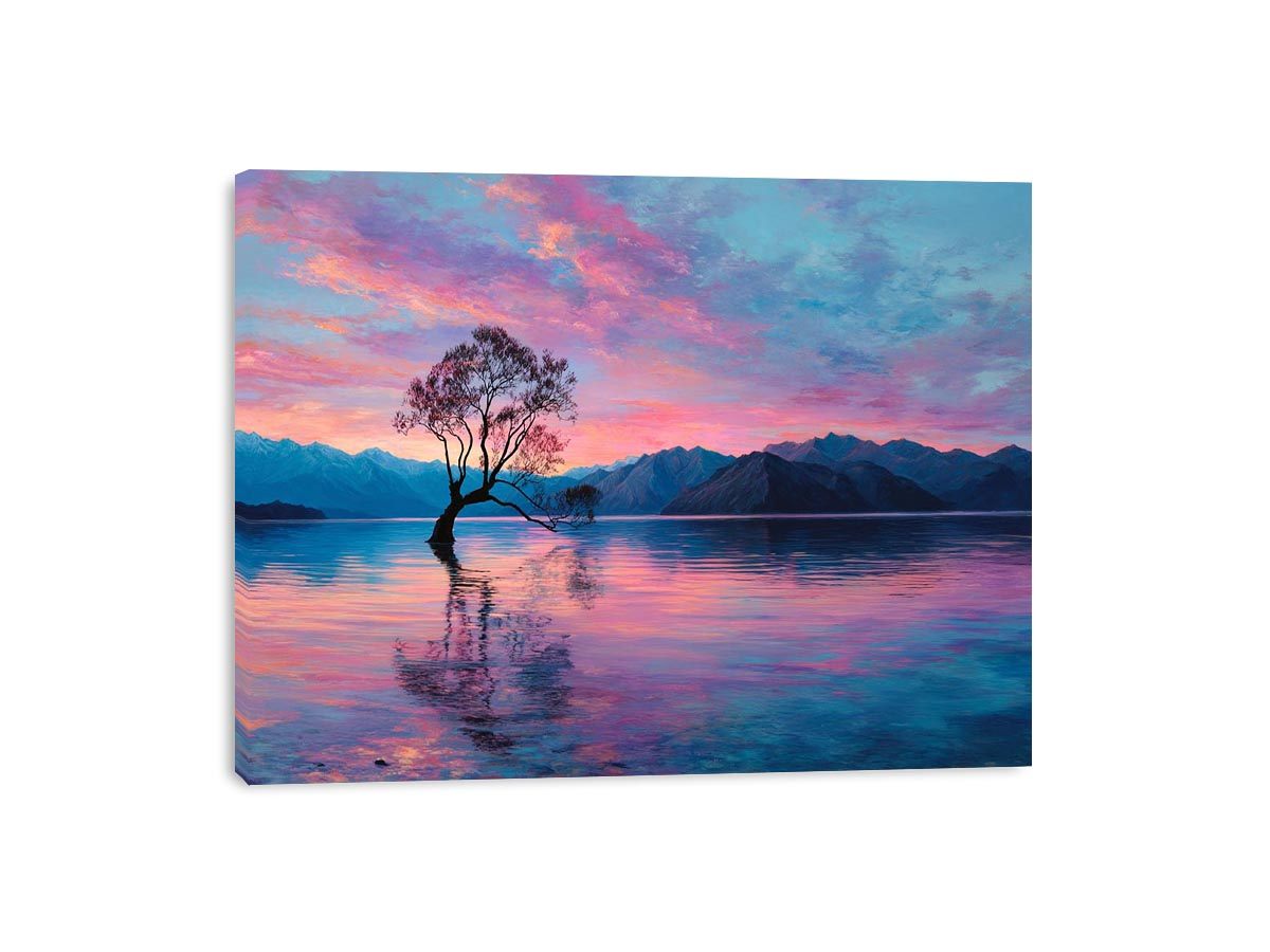 Serene lake tree canvas art with pink sky and mountain reflections for calming bedroom decor.