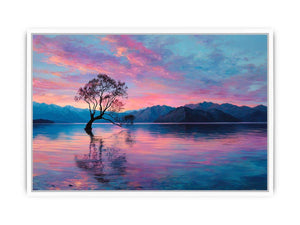 Serene lake tree canvas art with pink sky and mountain reflections for calming bedroom decor.