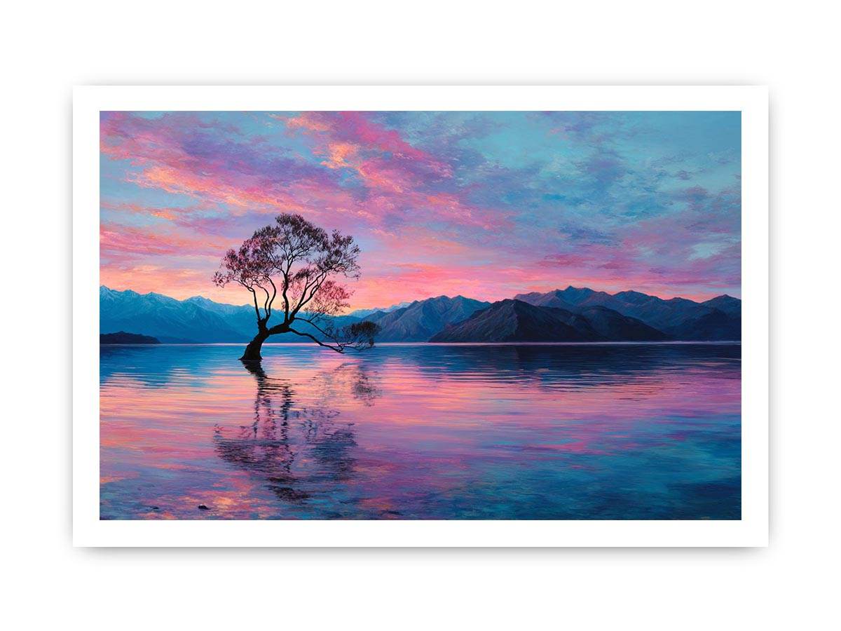 Serene lake tree canvas art with pink sky and mountain reflections for calming bedroom decor.